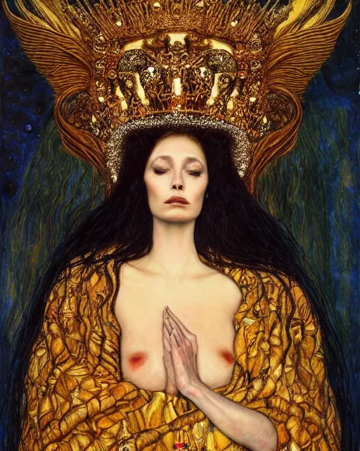 Prompt: full view Symbolic portrait of an ethereal Queen wearing a crown of sorrow sitting on throne by Gerald Brom and Gustav Klimt, detailed and realistic, featured on Artstation, soft lighting, behance