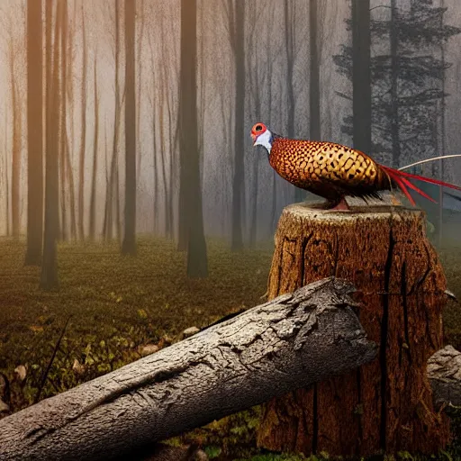 Prompt: pheasant guard sits on a stump, in deep forest, by rivuletpaper, rivuletpaper art, Mouse Guard by David Petersen, mouse photo, small details, realistic illustration, foggy atmosphere, volumetric lighting , Hedgehog in the Fog , by Yuri Norstein art