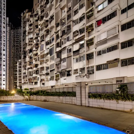 Image similar to hong kong apartment complex courtyard at night, photography