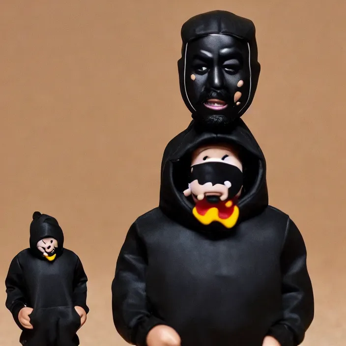 Prompt: kanye west using a black mask with small holes, a black shirt, a black undersize hoodie and black rubber boots, a mcdonald's happy meal toy figure of kanye west using a black mask with small holes, a black shirt, a black undersize hoodie and black rubber boots, figurine, detailed product photo