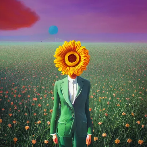 Image similar to giant daisy flower head, frontal, girl in a suit, surreal photography, sunrise, dramatic light, impressionist painting, digital painting, artstation, simon stalenhag