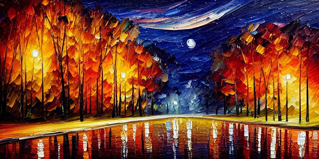 Image similar to nighttime nature landscape, oil painting, ultra realistic, highly detailed, hd, sharp focus, warm colors, realistic, vivid colors, painting, non blurry, sharp, smooth, illustration