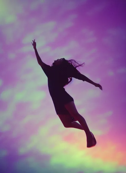 Image similar to female ascending into the sky, glowing aura, motion blur, out of focus, film grain, cinematic lighting, experimental film, shot on 1 6 mm