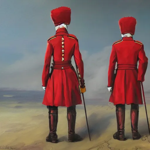 Prompt: a British redcoat soldiers stands before the high council of wizards, fantasy, concept art, oil on canvas,
