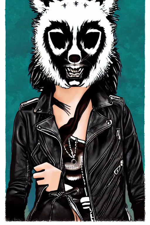 Image similar to portrait of a punk girl wearing a leather jacket with a wolf's head over her face, artwork by boneface