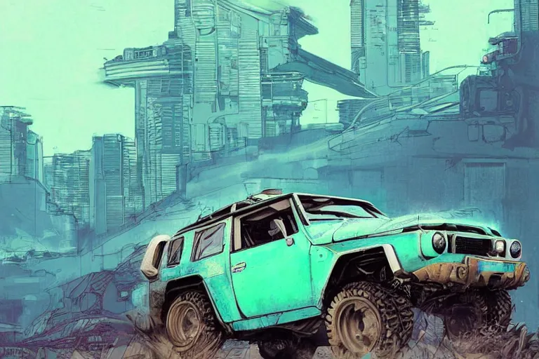 Image similar to digital illustration of a futuristic faded cyan mad max's fj 4 0 decrepit!!!! pursuit special, rusty!!! cyberpunk nissan fj cruiser heavily modded 1 9 9 0 s, the last v 8 interceptor by makoto shinkai, ilya kuvshinov, lois van baarle, rossdraws, basquiat