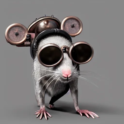 Image similar to a rat with steampunk googles, with 3D render