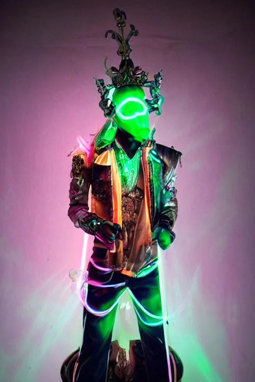 Prompt: full-body baroque and bladerunner style peach neon statue of a young attractive Spanish male macho dotado android thrusting sim roupa con piroca dura, glowing white face, prince crown of green steampunk lasers, emeralds, swirling white silk fabric. futuristic elements. prismatic liquid rainbow light, full-length view. space robots. human skulls. throne made of bones, intricate artwork by caravaggio. Trending on artstation, octane render, cinematic lighting from the right, hyper realism, octane render, 8k, depth of field, 3D