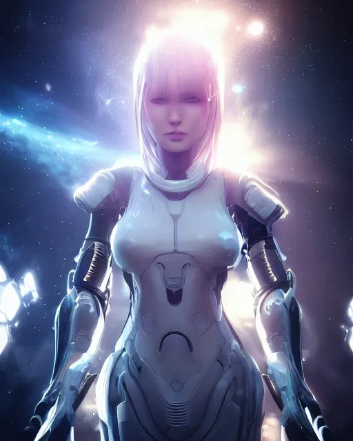 Image similar to photo of an android girl on a mothership, warframe armor, beautiful face, scifi, nebula, futuristic, space, galaxy, raytracing, dreamy, cinematic, perfect, atmosphere, aura of light, pure, white hair, blue cyborg eyes, glow, insanely detailed, intricate, innocent look, art by akihiko yoshida, kazuya takahashi