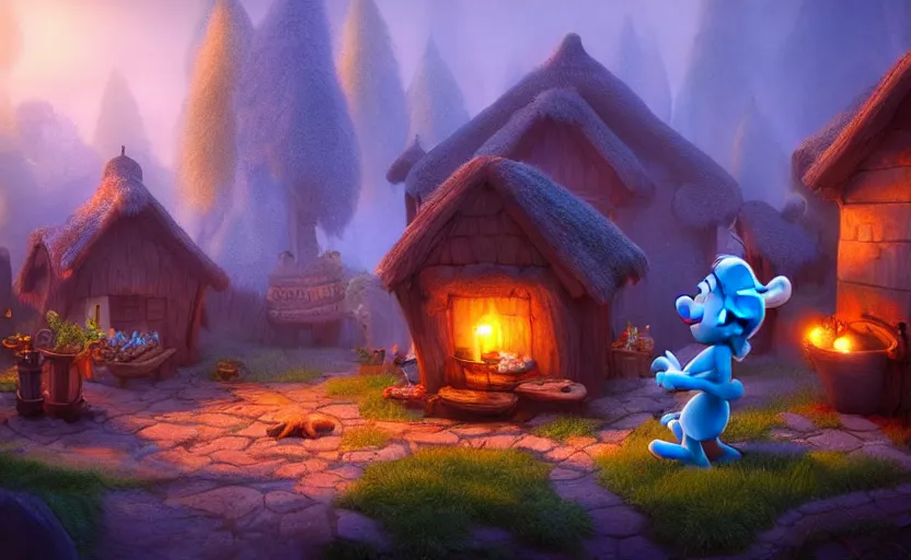 Image similar to a beautiful photo the smurfs village, hyper realistic, natural light, concept art,, cozy atmospheric and cinematic lighting