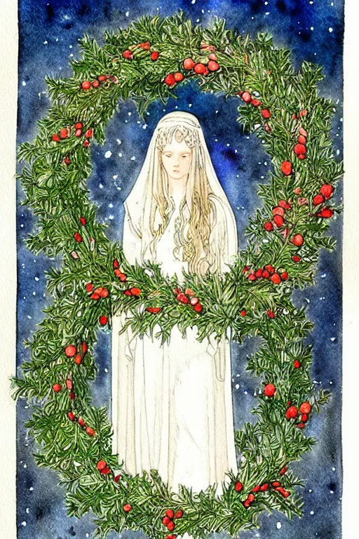 Image similar to realistic watercolor painting of a wreath of holly on a white background, detailed art by kay nielsen and walter crane, illustration style, watercolor