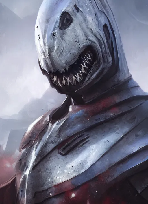 Prompt: digital painting of a human shark wearing knight armor, shark head, fantasy, portrait, scifi, realistic, detailed, concept art, ruan jia, wlop