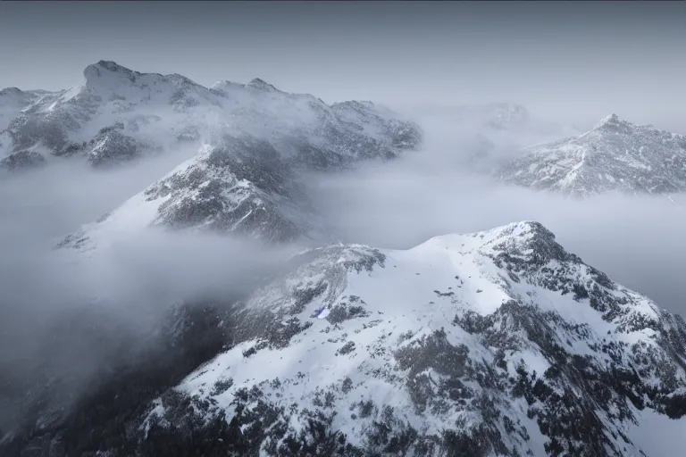 Prompt: taking from above, snowcapped mountain with lots of fog, high detail, photorealistic, good lighting, unbelievable.