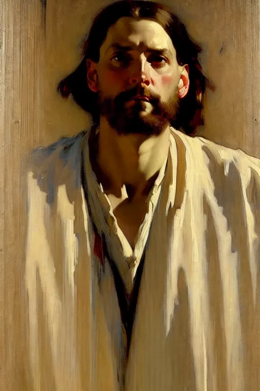 Image similar to leyendecker and solomon joseph solomon and richard schmid and jeremy lipking victorian loose genre loose painting full length portrait painting of jesus
