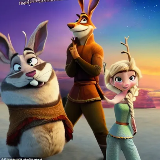 Prompt: a cgi film by the makers of frozen and tangled about a monk class rabbitfolk wearing ninja garb and fighting a bunch of crook cats in the new disney film, zootopia, frozen, tangled, disney, cgi, high resolution, dynamic poses