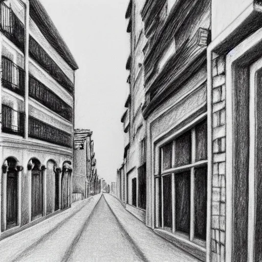 Image similar to ultrarealistic pencil drawing by Isabel Quintanilla, of a quiet street in Madrid, 1984