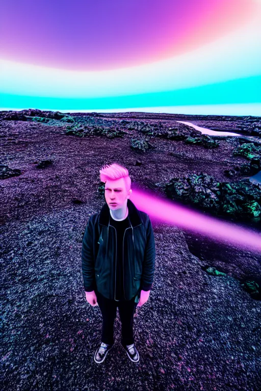 Image similar to high quality pastel coloured film wide angle selfie photograph of a plain male cyber boy standing in an icelandic black rock environment. sarcastic expression. three point light. photographic. art directed. pastel colours. volumetric light. stark. waves glitch. 8 k. filmic.