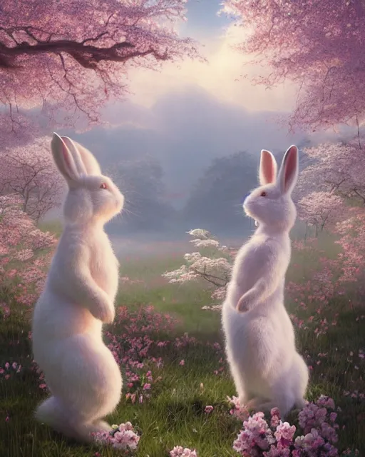 Prompt: ink on paper portrait of two white bunnies, super realistic, highly detailed, rule of thirds, in colorfull kimonos in the foreground of a surreal environment with cherry blossoms, volumetric light, dof, by greg rutkowski and michael whelan