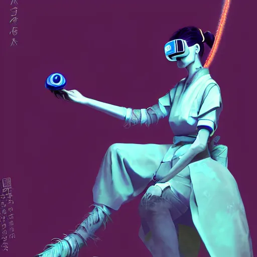 Image similar to digital art of a beautiful tall and feminine albino supermodel maiko samurai armor playing with a vr headset in a cyan and purple lit room greg rutkowski style