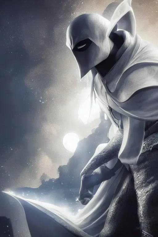 Prompt: hyperrealistic photography of Moon Knight mixed with Elf and Blade style of Hossein Diba, Gal Yosef, full-shot, 4k, highly detailed, cinematic lighting, photorealistic, 3d render, award winning render, unreal engine, masterpiece, octane render, sharp focus, studio lighting, 8k, hd