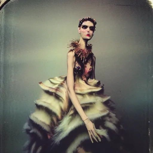 Image similar to damaged kodak portra 4 0 0, wetplate, photo of a surreal artsy dream scene,, very beautiful model, weird fashion, grotesque, extravagant dress, strange pose, carneval, with an animal, wtf, photographed by paolo roversi style