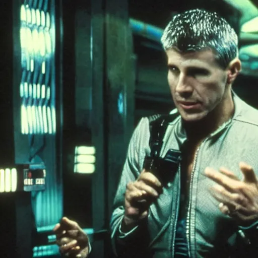 Prompt: bladerunner scene where deckard does standup comedy