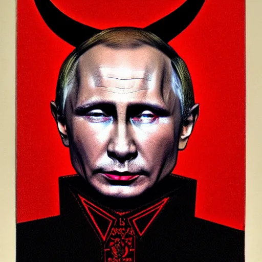 Prompt: portrait of Vladimir Putin in the form of a devil detailed with horns and red skin
