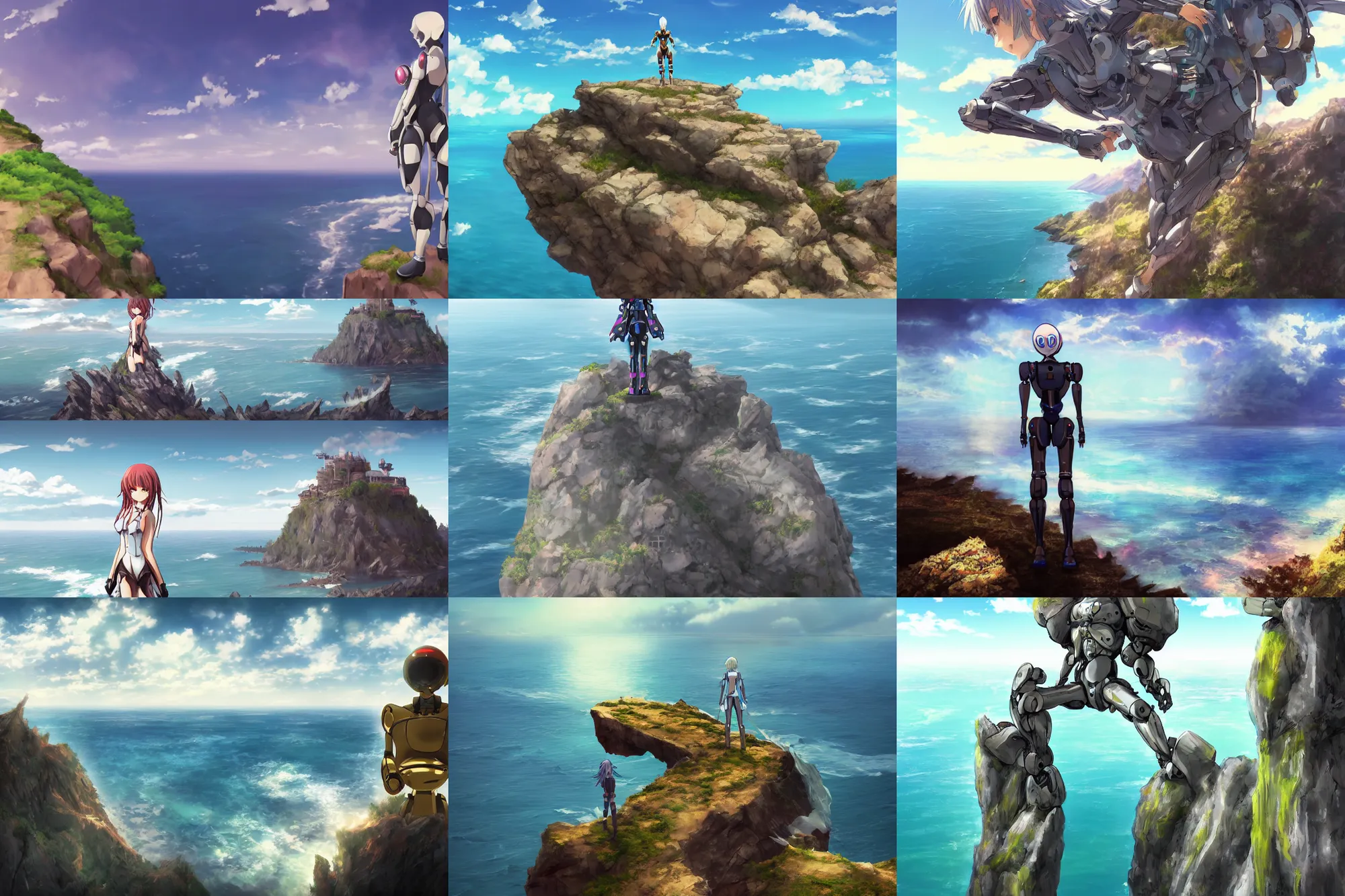 Prompt: anime!! humanoid robot, ( standing on top of a large cliff ) overlooking the sea, anime!! with an island far on the horizon, artistic, artstation