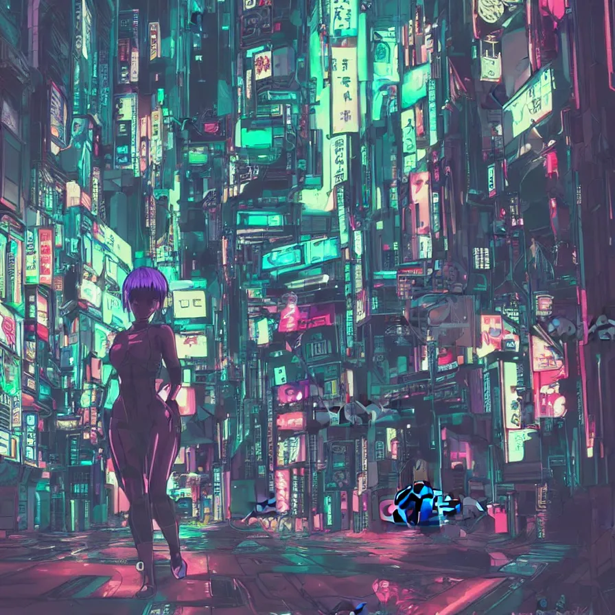 Prompt: a female android running in cyberpunk tokyo by night, digital hand drawing and coloring, ghost in the shell, neons lights