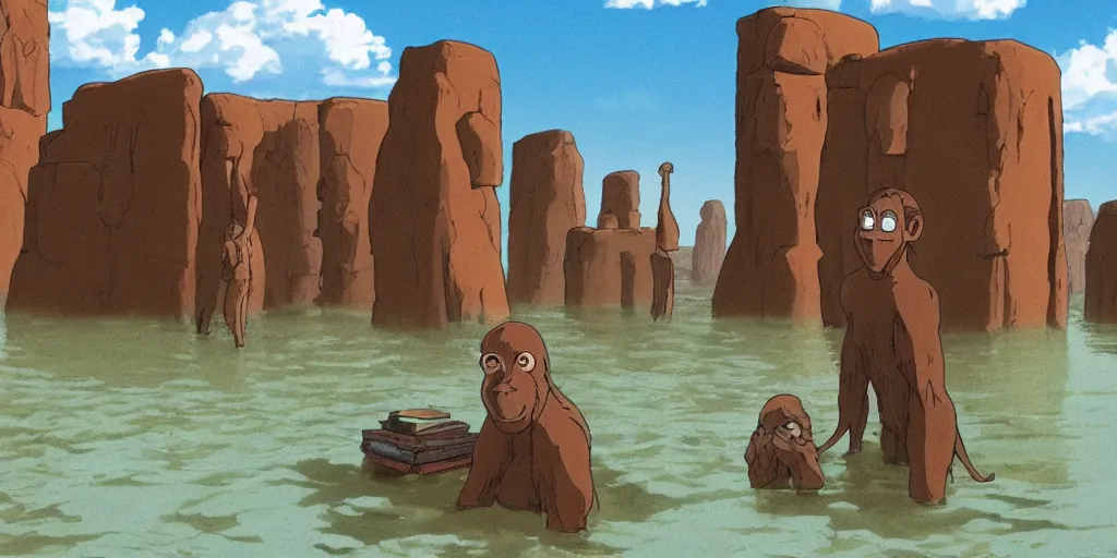 Image similar to a realistic cell - shaded studio ghibli concept art from paprika ( 2 0 0 6 ) of a hairless ape from close encounters of the third kind ( 1 9 7 7 ) in a flooded monument valley stonehenge. very dull colors, wide shot, hd, 4 k, hq