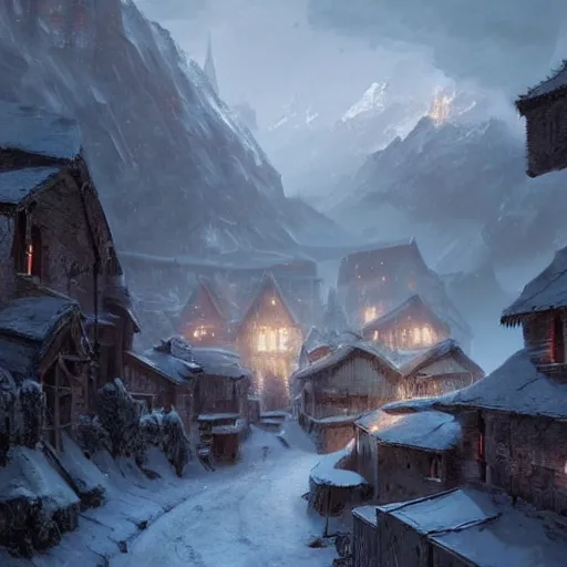 Image similar to an village in blizzardy mountains, Matte painting , detailed painting, greg rutkowski