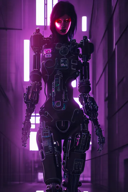 Image similar to cyberpunk beautiful woman, abstract black oil, gear mecha, detailed acrylic, grunge, intricate complexity, rendered in unreal engine, photorealistic, neon ambiance