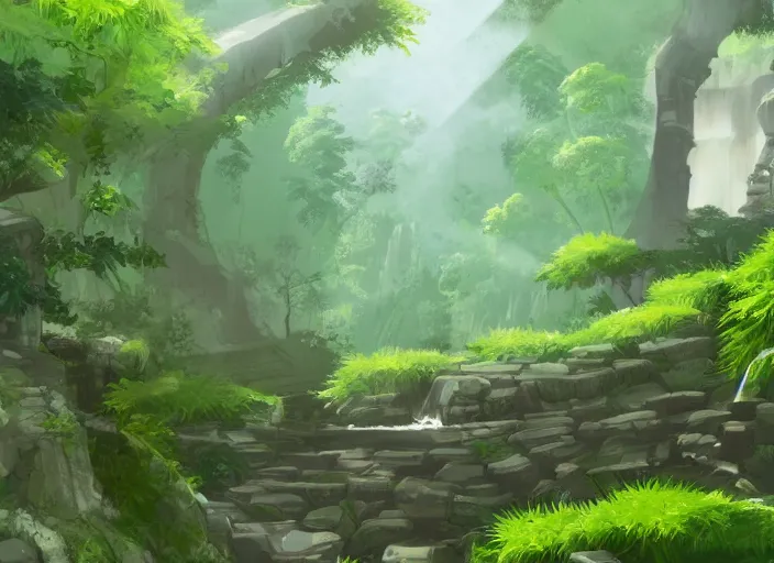 Image similar to deep in a japanese bamboo forest with waterfall on a hilly side, ancient ruined temple in distance, sunny, cartoony, anime style, mid day, realistic lighting, by ghibli studio, arcane, wild rift, trending on artstation, 4 k, hd