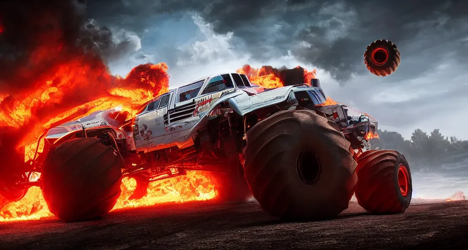 Prompt: Monster Truck on fire, PC Wallpaper, stunning photo, cinematic lighting, perfect composition, 8K, ultra-detailed , Trending on artstation, Octane render, Unreal Engine, highly detailed,