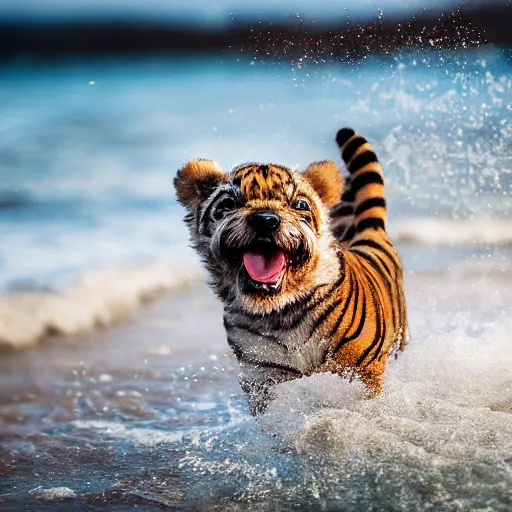 Image similar to a closeup photorealistic photograph of a cute smiling tiger bichon puppy splashing in the surf during sunset. professional capture, well lit shot. this 4 k hd image is trending on artstation, featured on behance, well - rendered, extra crisp, features intricate detail, epic composition and the style of unreal engine.