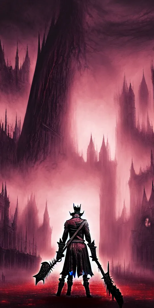 Image similar to populated bloodborne old valley with a dark person at the centre and a ruined gothic city in the background, trees and stars in the background, falling red petals, epic red - orange moonlight, perfect lightning, wallpaper illustration by niko delort and kentaro miura, 4 k, ultra realistic