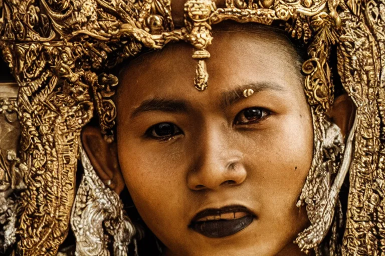 Image similar to close - up photo of a beautiful khmer warrior prince in a battle scene, detailed eyes, shallow depth of field, photorealistic, cinematic lighting, lovely bokeh, warm colours, dusk