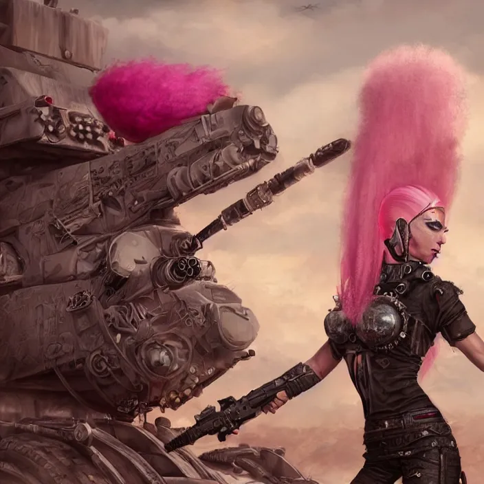 Image similar to beautiful apocalyptic woman with pink Mohawk, standing on mad max panzer tank, 4k ultra hd, fantasy dark art, tank girl, artgerm, concept art, artstation, octane render, elegant, detailed digital painting