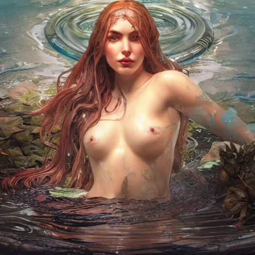 Image similar to a mermaid stuck in a giant puddle of motor oil, ultra realistic, concept art, intricate details, highly detailed, photorealistic, octane render, 8 k, unreal engine. art by artgerm and greg rutkowski and magali villeneuve and alphonse mucha