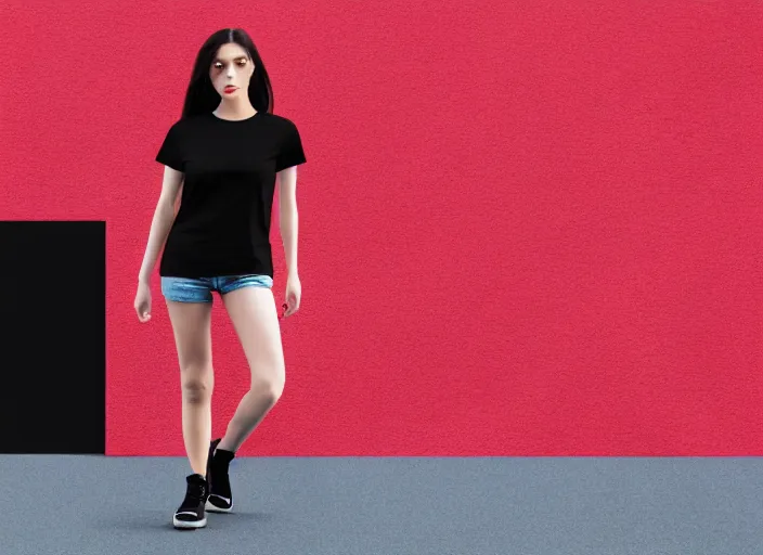 Image similar to clear photorealistic mockup product photograph of a blank black tshirt on an attractive female model in front of a lively street background