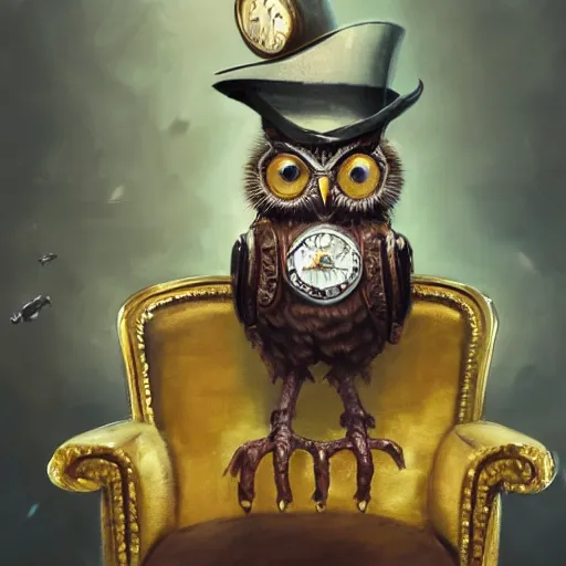 Prompt: oil painting of grumpy rich steampunk owl sitting in fancy chair, wearing top hat, holding gold watch, steampunk factory background, sharp focus, fantasy style, octane render, volumetric lighting, 8k high definition, by greg rutkowski, highly detailed, trending on art Station, magic the gathering artwork, centered, deviantart,