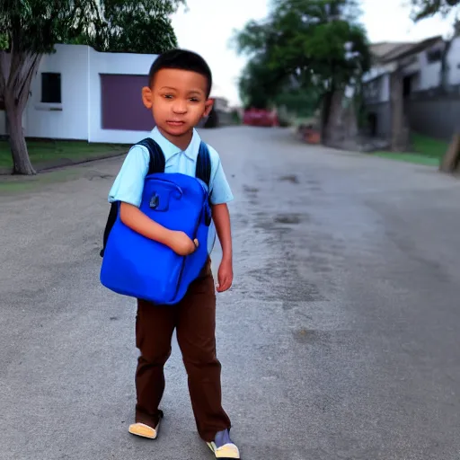 Prompt: kid character. egg shaped head. wide eyes. narrow nose. brown short hair. light skin. frackles.small ears. blue shirt with pocket. brown pants. carrying school bag.