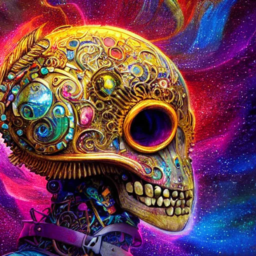 Image similar to portrait of a fantasycore glitchcore deformed animal skull in a helmet. intricate abstract. intricate artwork. celestial. prismatic, by josephine wall, pixar, ghibli. octane render, CGSociety very coherent symmetrical artwork. cinematic, hyper realism, high detail, octane render, 8k, holographic accents