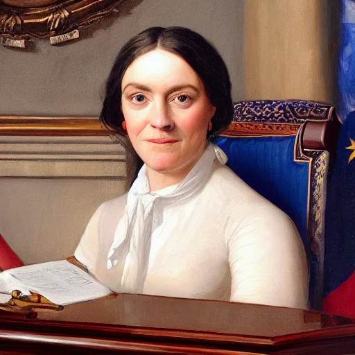 Image similar to official close - up portrait of liz truss in racoon city, alexandria ocasio - cortez, resolute desk, 1 8 4 8, oil on canvas by william sidney mount, trending on artstation, national archives,