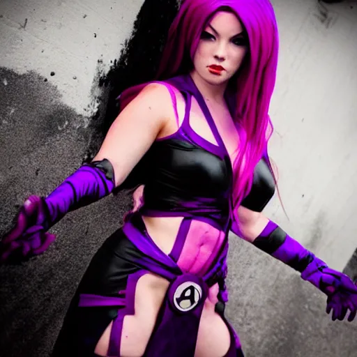 Image similar to a cosplayer dress as Psylocke, dark eerie photo, evil things