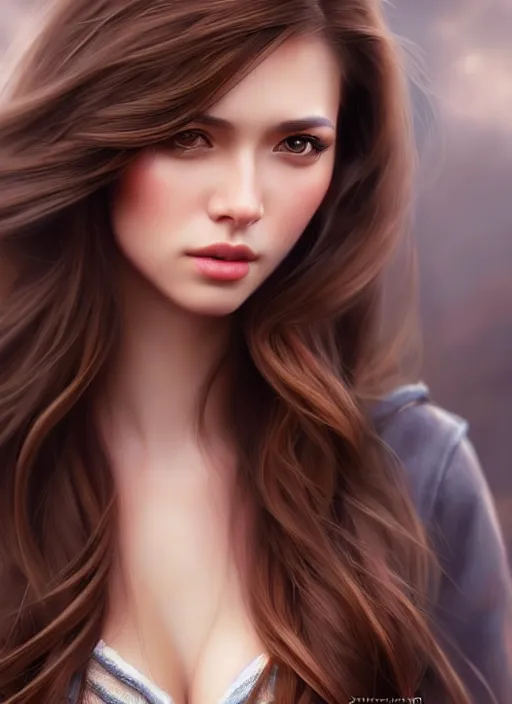 Image similar to a gorgeous female with long brown hair in the style of stefan kostic, realistic, full body shot, wide angle, sharp focus, 8 k high definition, insanely detailed, intricate, elegant, art by stanley lau and artgerm, floating embers