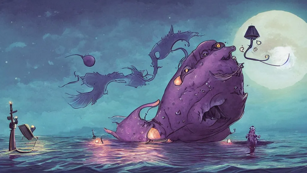 Image similar to a giant!!!! anglerfish!!!! at the surface of the water meets a lantern - holding!!!! sailor!!!! on a sloop, background with large full moon and purple sky, in the styles of tom coletti, jorge jacinto, and thomas veyrat intricate, accurate details