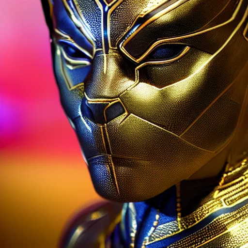 Image similar to a close up photo of a detailed golden statue of Black Panther, 8K,