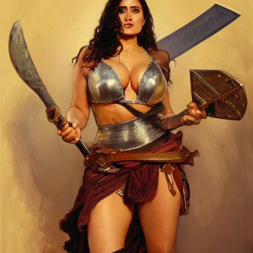 Prompt: A painting of Salma Hayek wearing a chainmail bikini and holding an axe ,by Stanley Artgerm Lau, Greg Rutkowski, Thomas Kinade ,Alphonse Mucha, Loish, Norman Rockwell ,trending on artstation , rule of thirds ,HD 4k , focus face , body