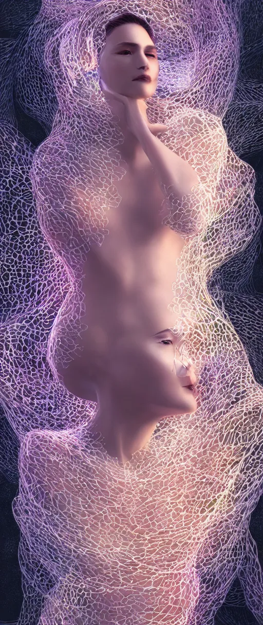 Prompt: a highly detailed digital image of an elegantly posed futuristic woman beautifully intertwined in chromatic liquid like leaves, matte white background, full body shot, by Andrew Chiampo, artstation, and Frederik Heyman, extremely detailed woman, stunning volumetric lighting, hyper realism, fantasy 4k